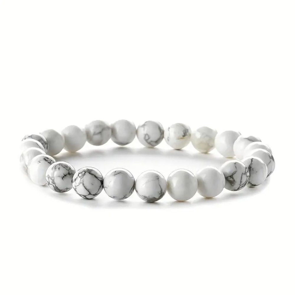 Unisex Howlite White & Gray Veining 8mm Stone Bead Stretch Bracelet NEW